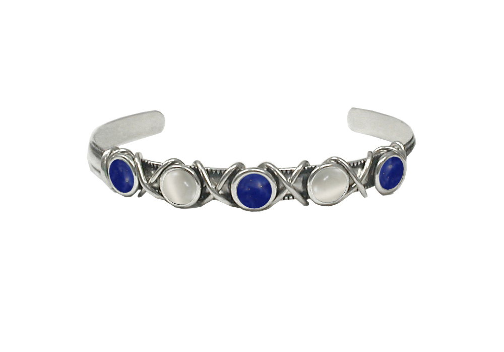 Sterling Silver Cuff Bracelet With Lapis Lazuli And White Moonstone